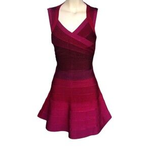 Herve Leger Fit n Flare Bandage Mini Dress Small XS Pink Berry Halter 2000s Glam
